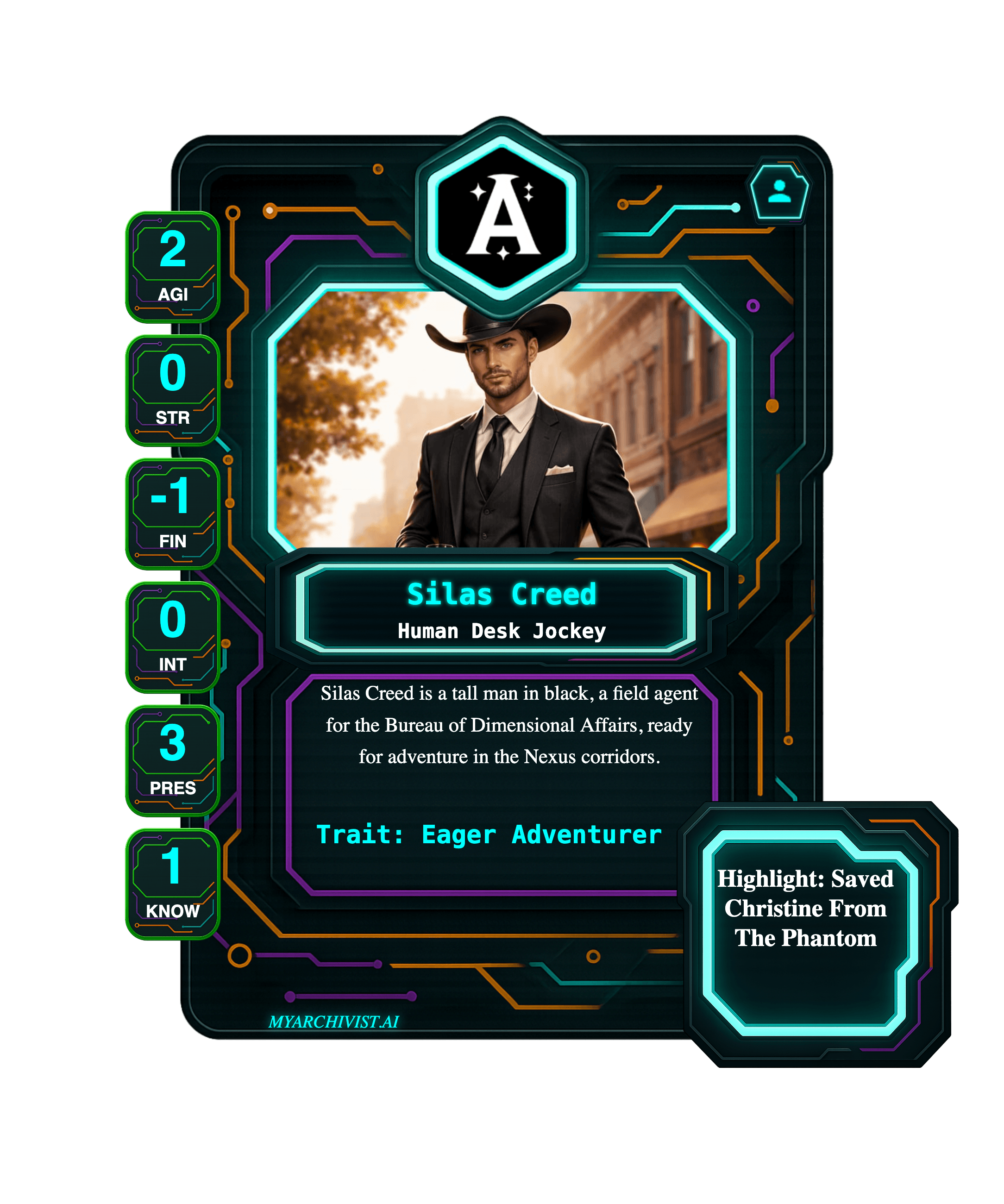 Silas Creed trading card - Character from Bureau of Dimensional Affairs - BETA