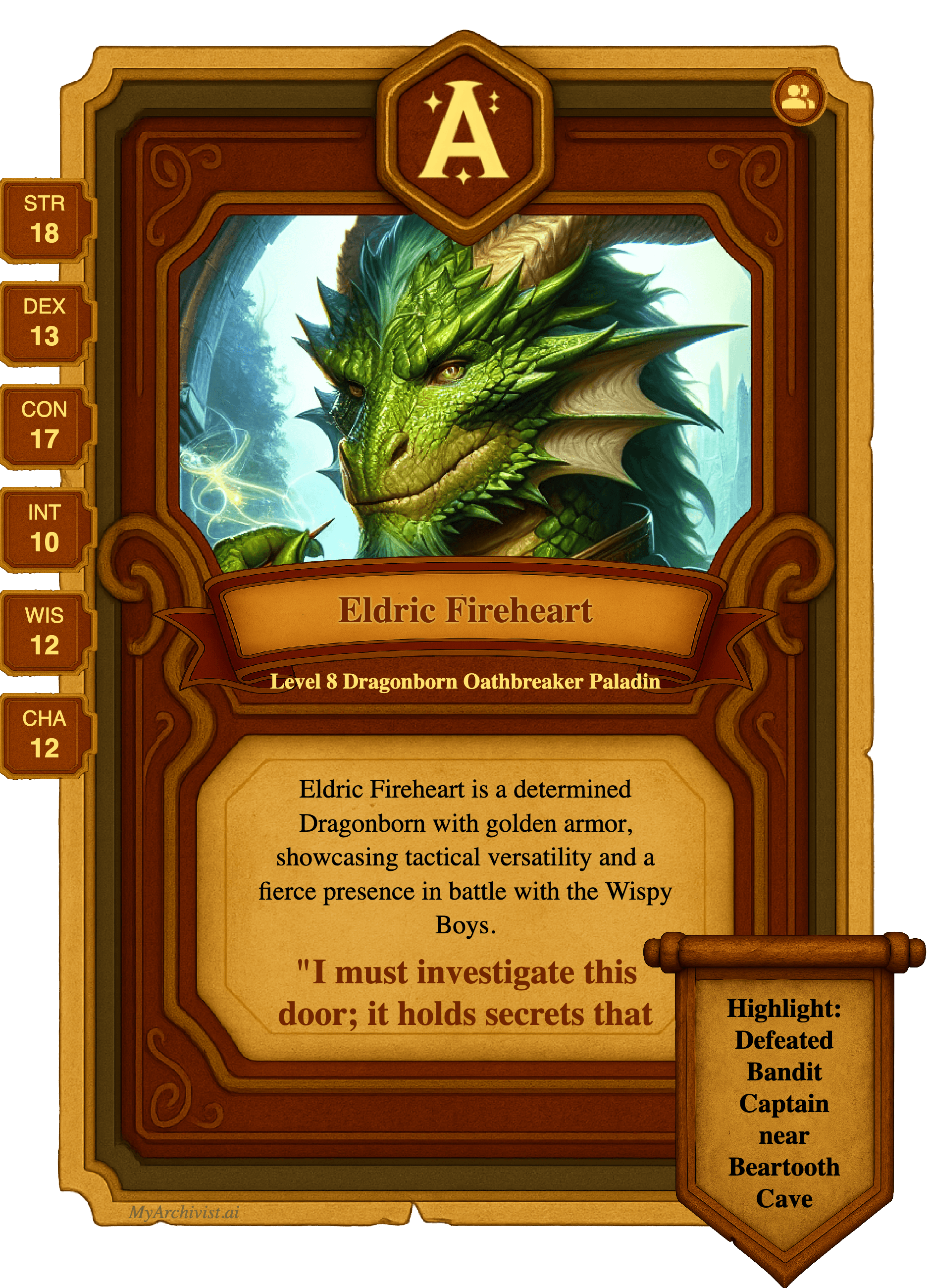 Eldric Fireheart trading card - Character from Quest-o-Nomicon