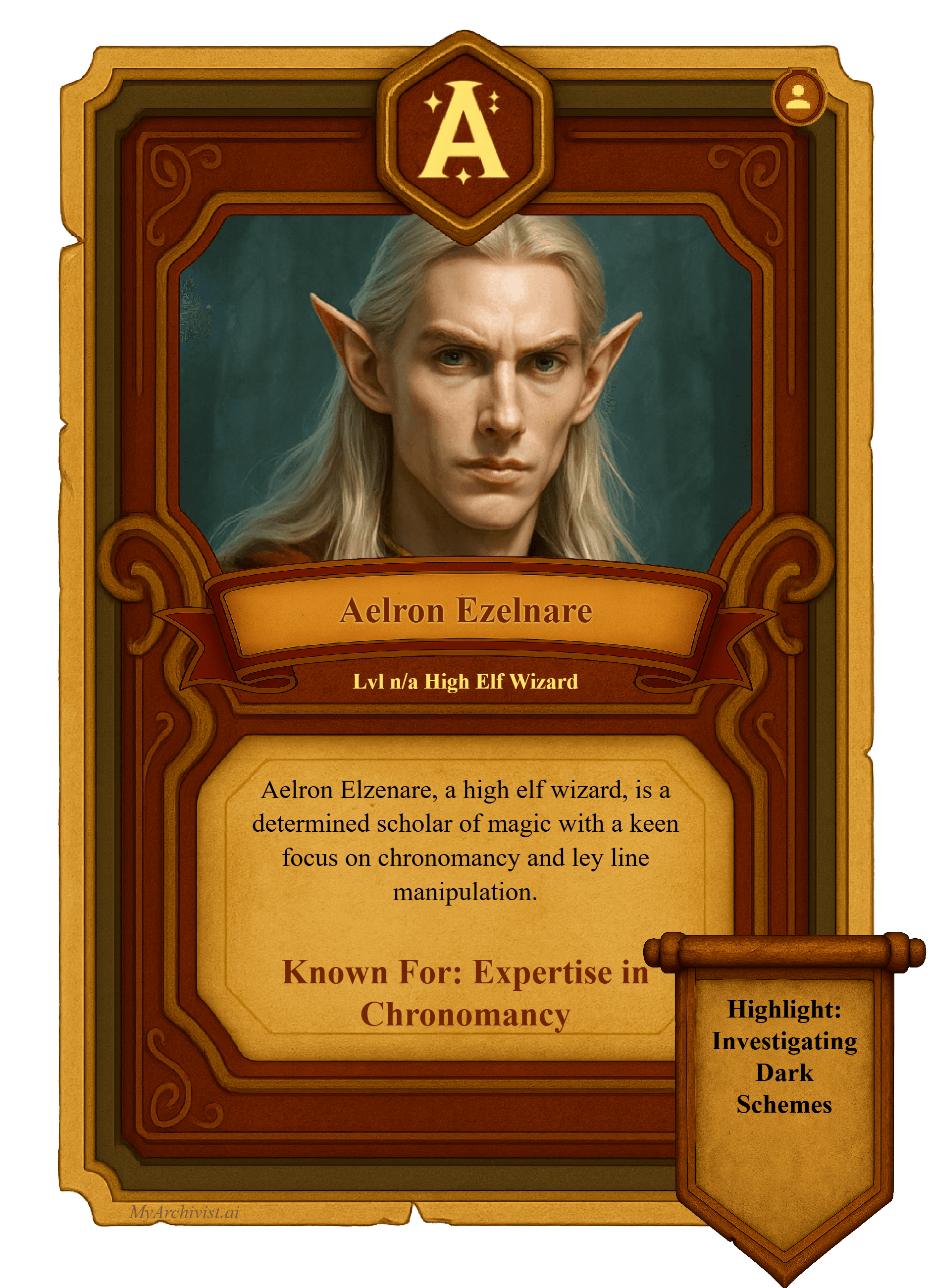 Aelron Ezelnare trading card - Character from The Scarlet Ledger
