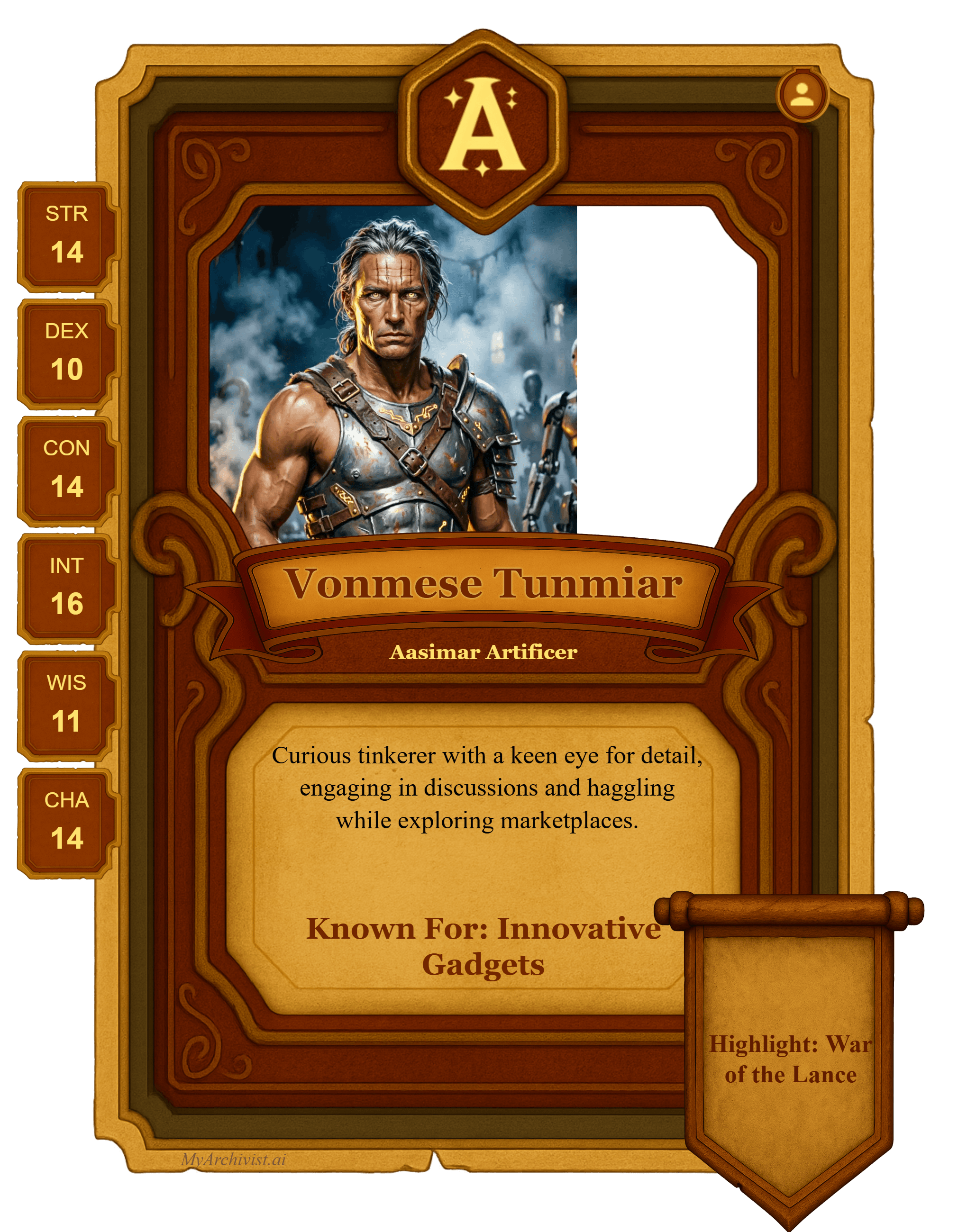 Vonmese Tunmiar trading card - Character from The Inkwell of the Ages