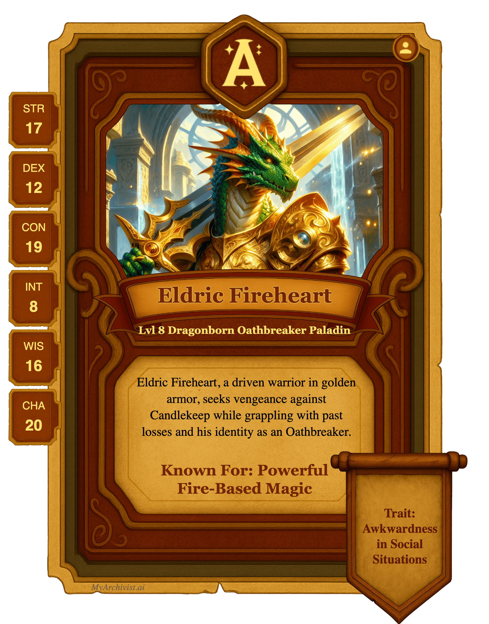 Eldric Fireheart trading card - Character from Quest-o-Nomicon