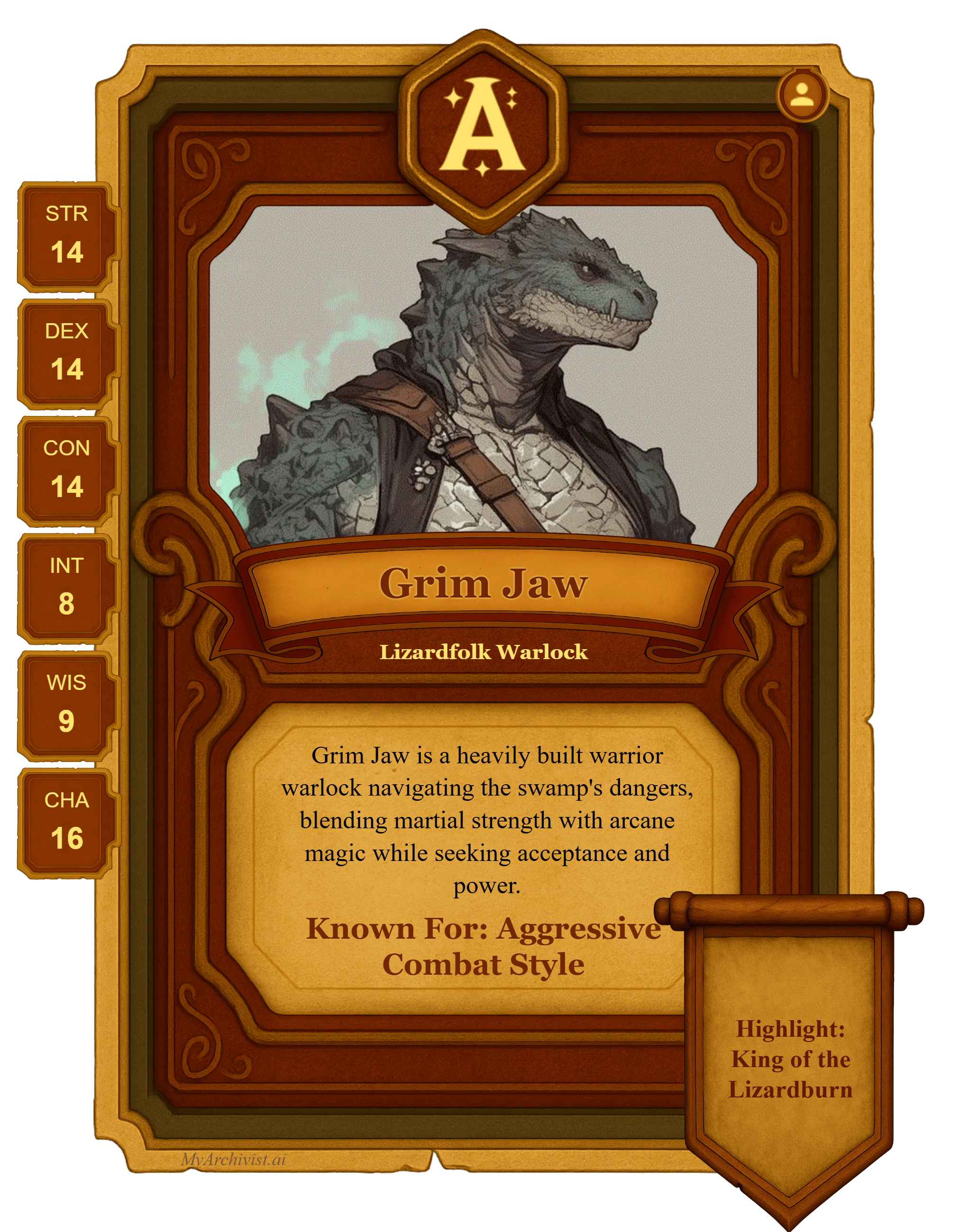 Grim Jaw trading card - Character from Abomination Vaults - Roll for Tangents (Sunday)