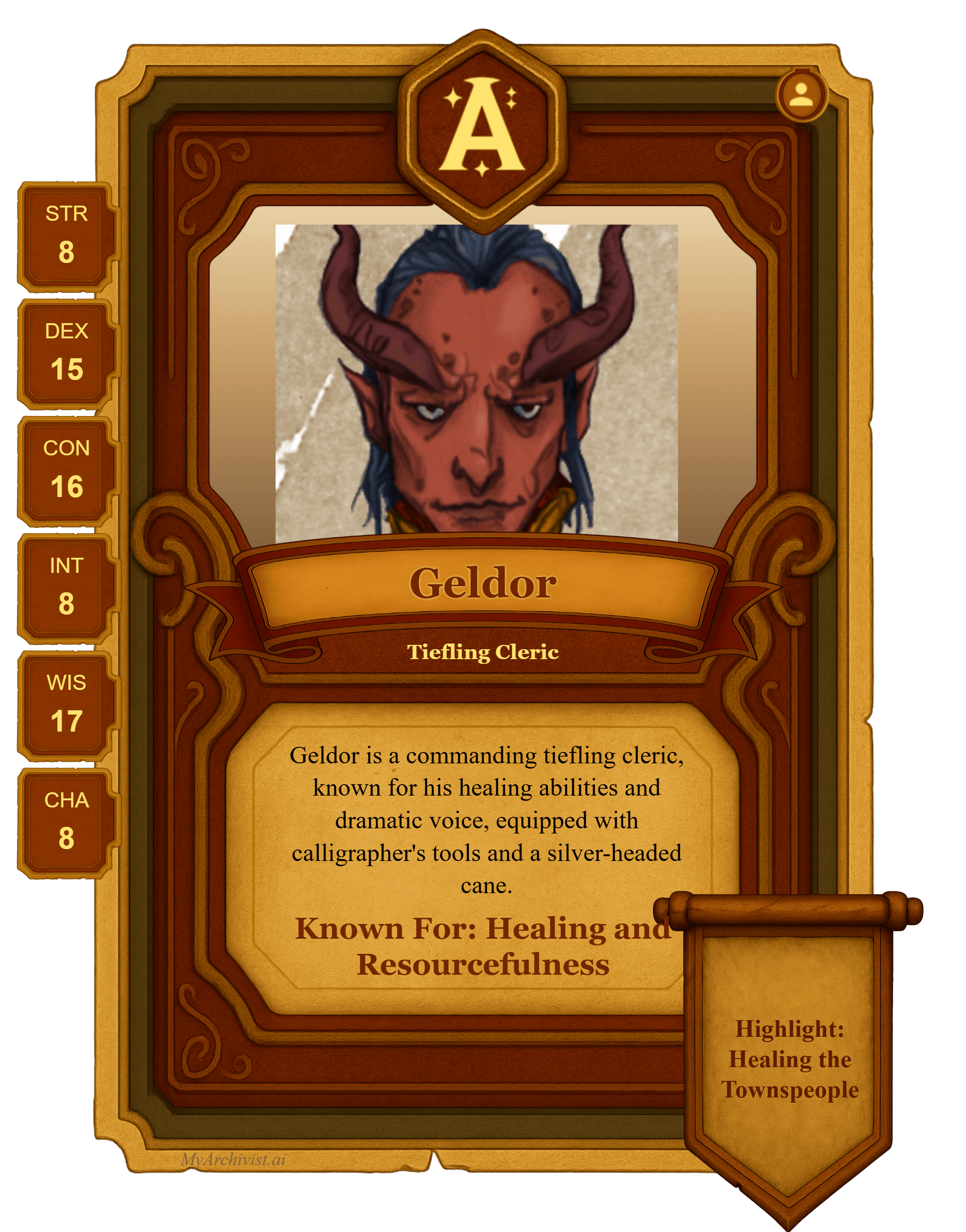 Geldor trading card - Character from Abomination Vaults - Roll for Tangents (Saturday)