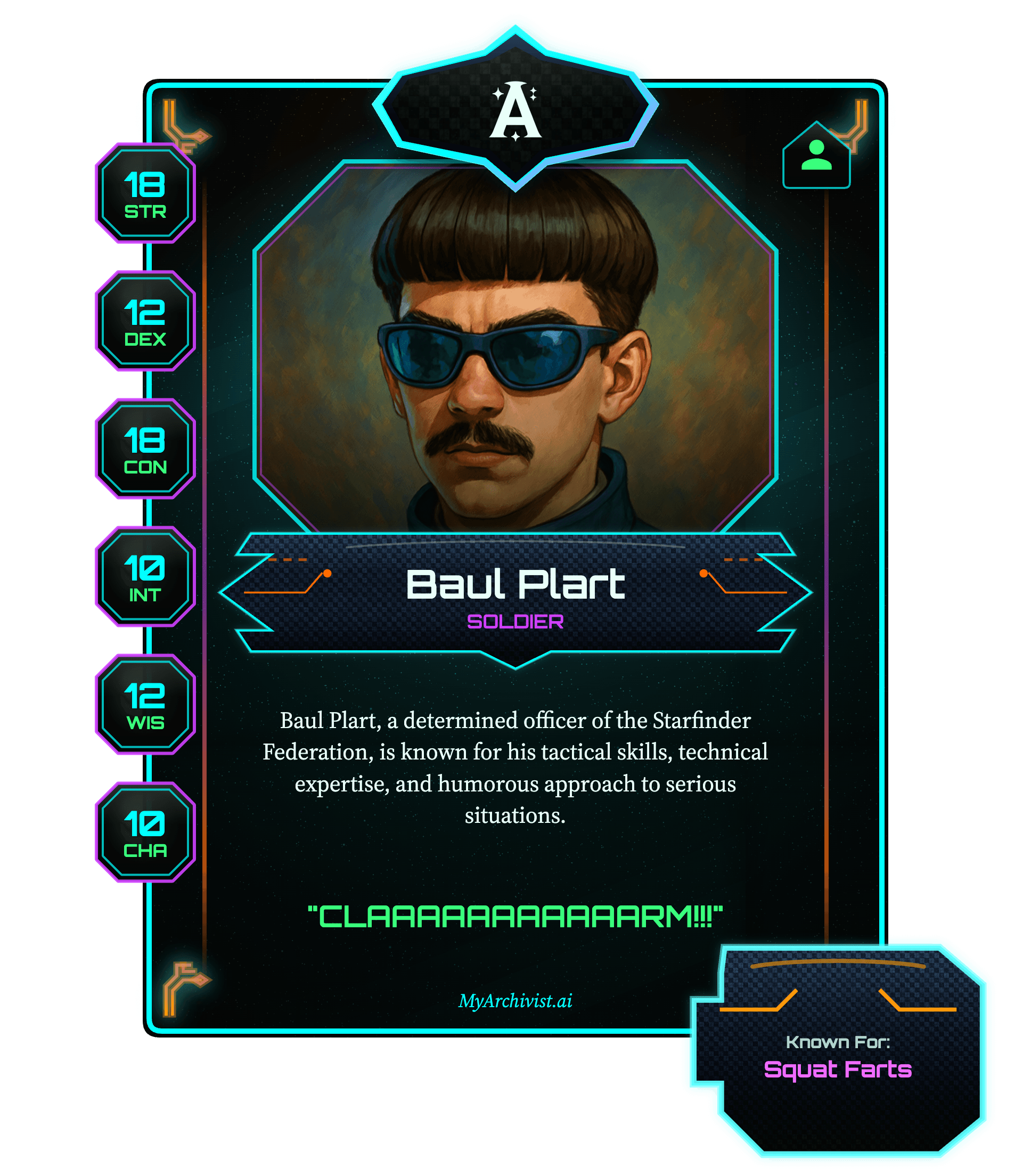 Baul Plart trading card - Character from Morons in Space