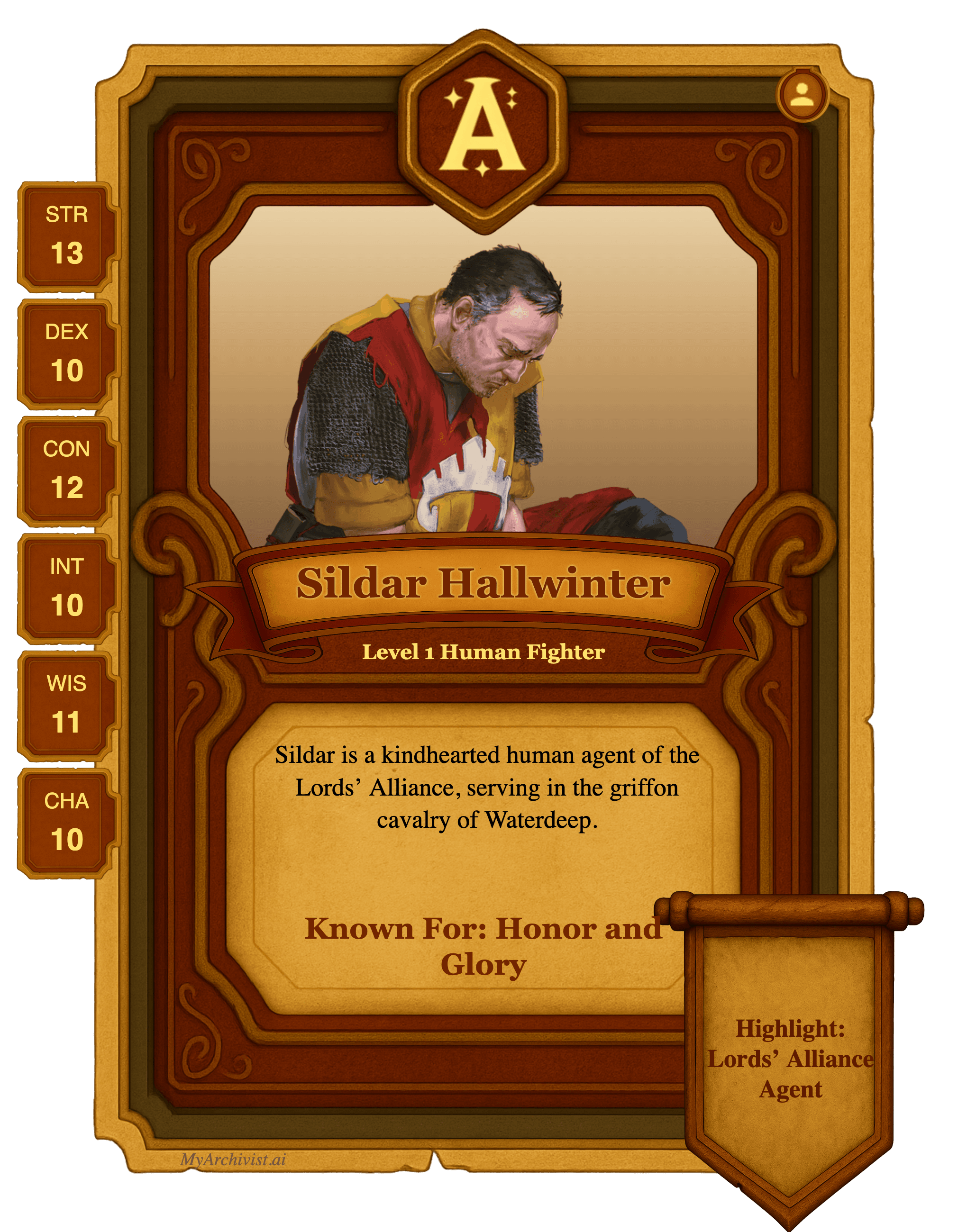 Sildar Hallwinter trading card - Character from Shadows of Phandelver