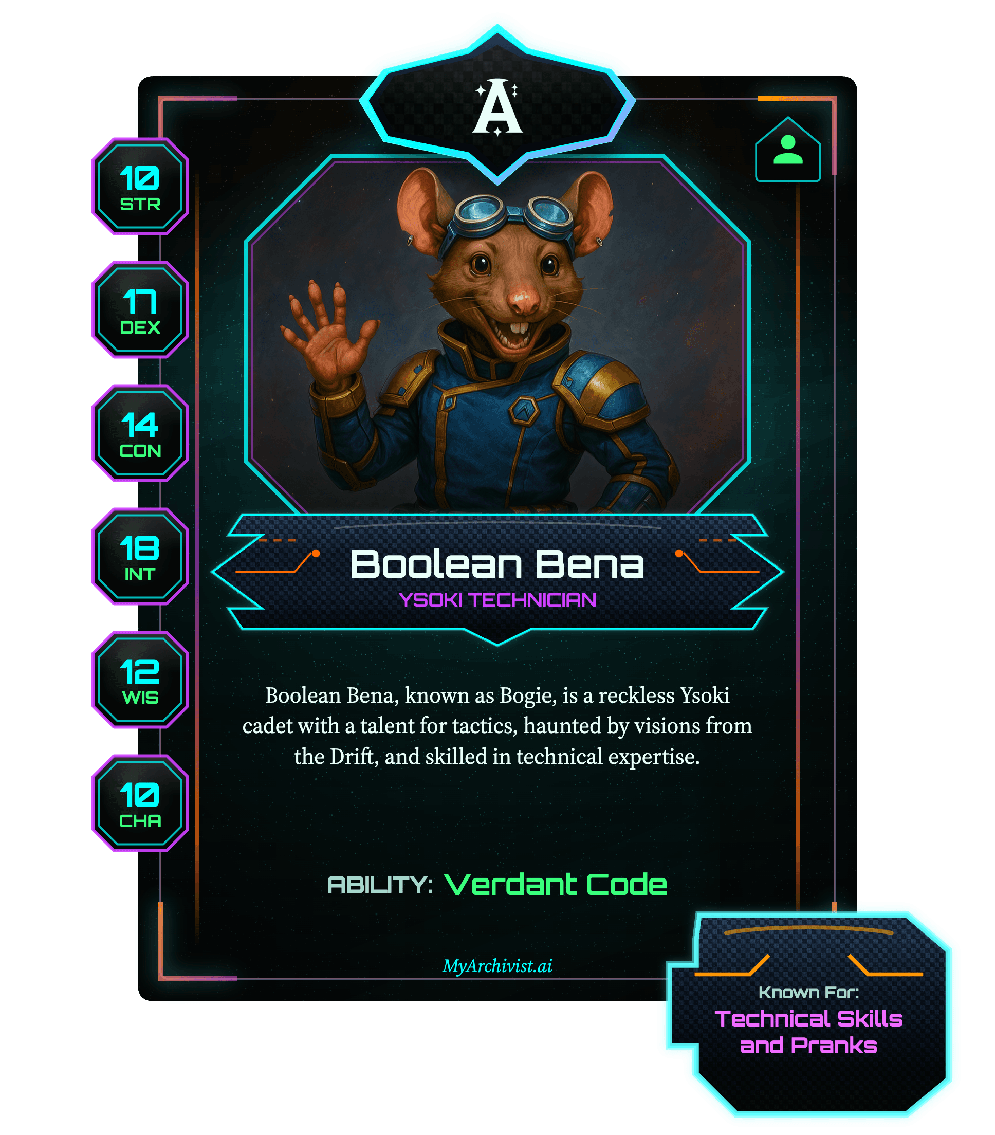 Boolean Bena trading card - Character from Morons in Space