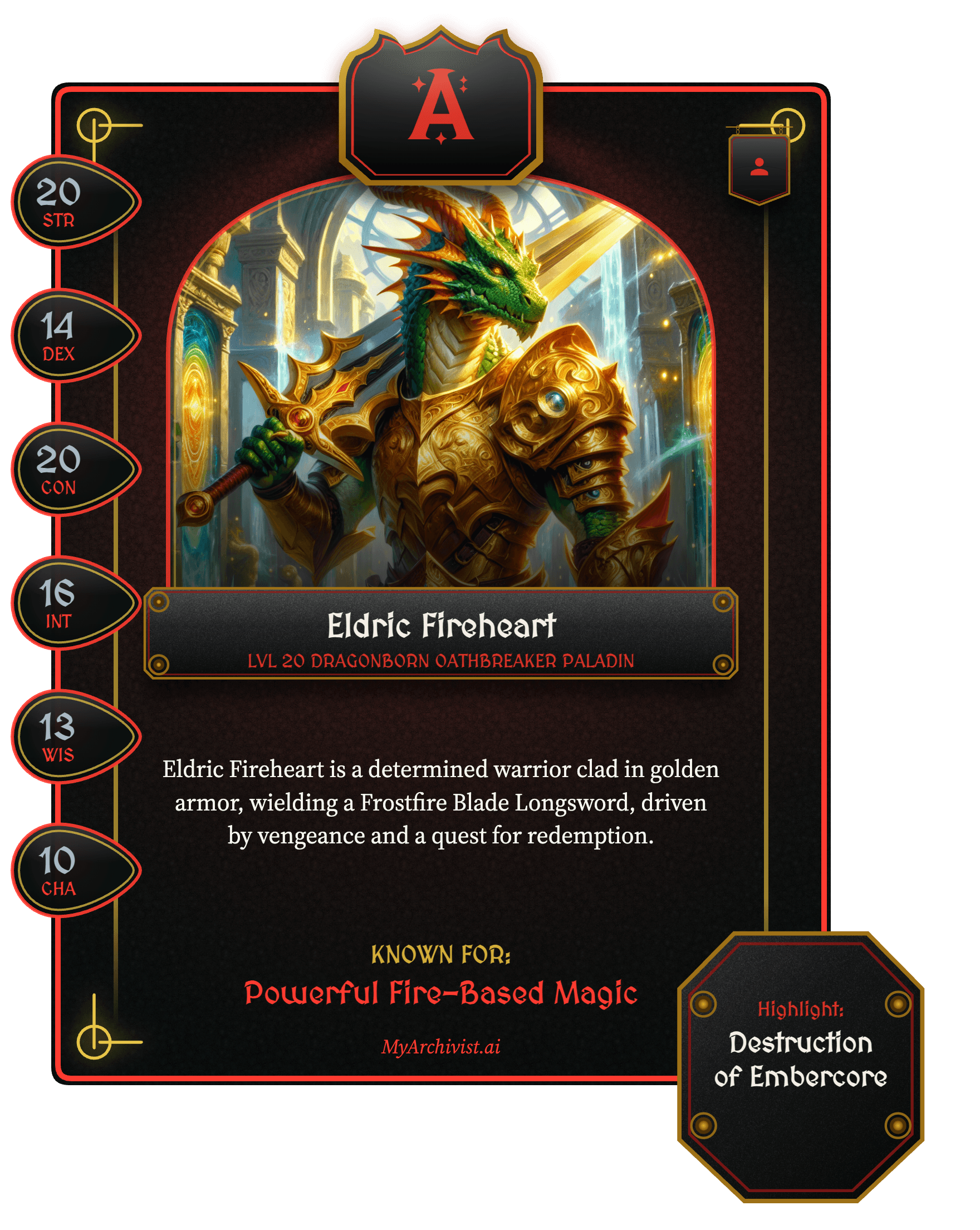 Eldric Fireheart trading card - Character from Quest-o-Nomicon