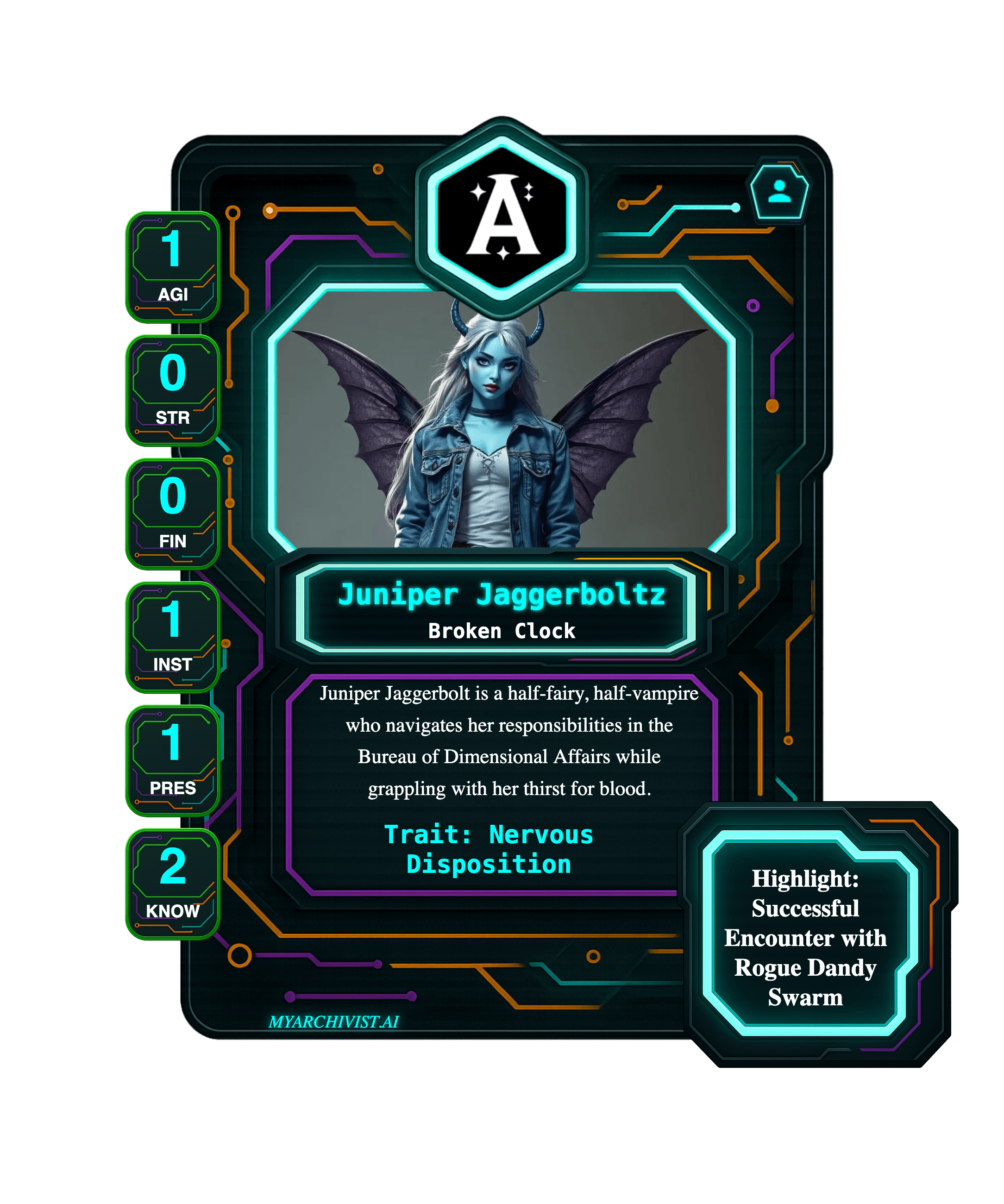 Juniper Jaggerboltz trading card - Character from Bureau of Dimensional Affairs - BETA