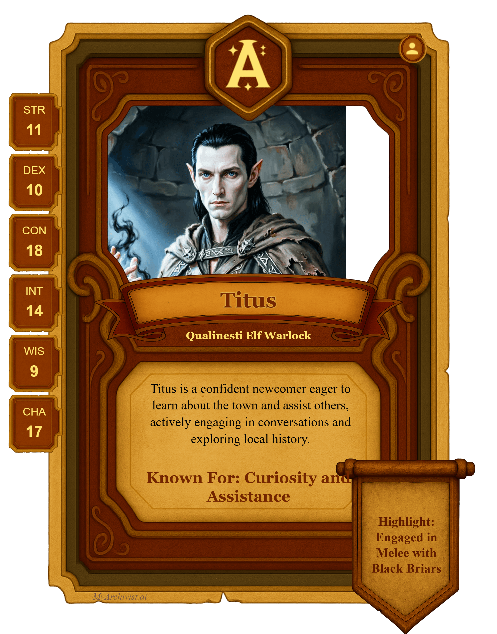 Titus trading card - Character from The Inkwell of the Ages