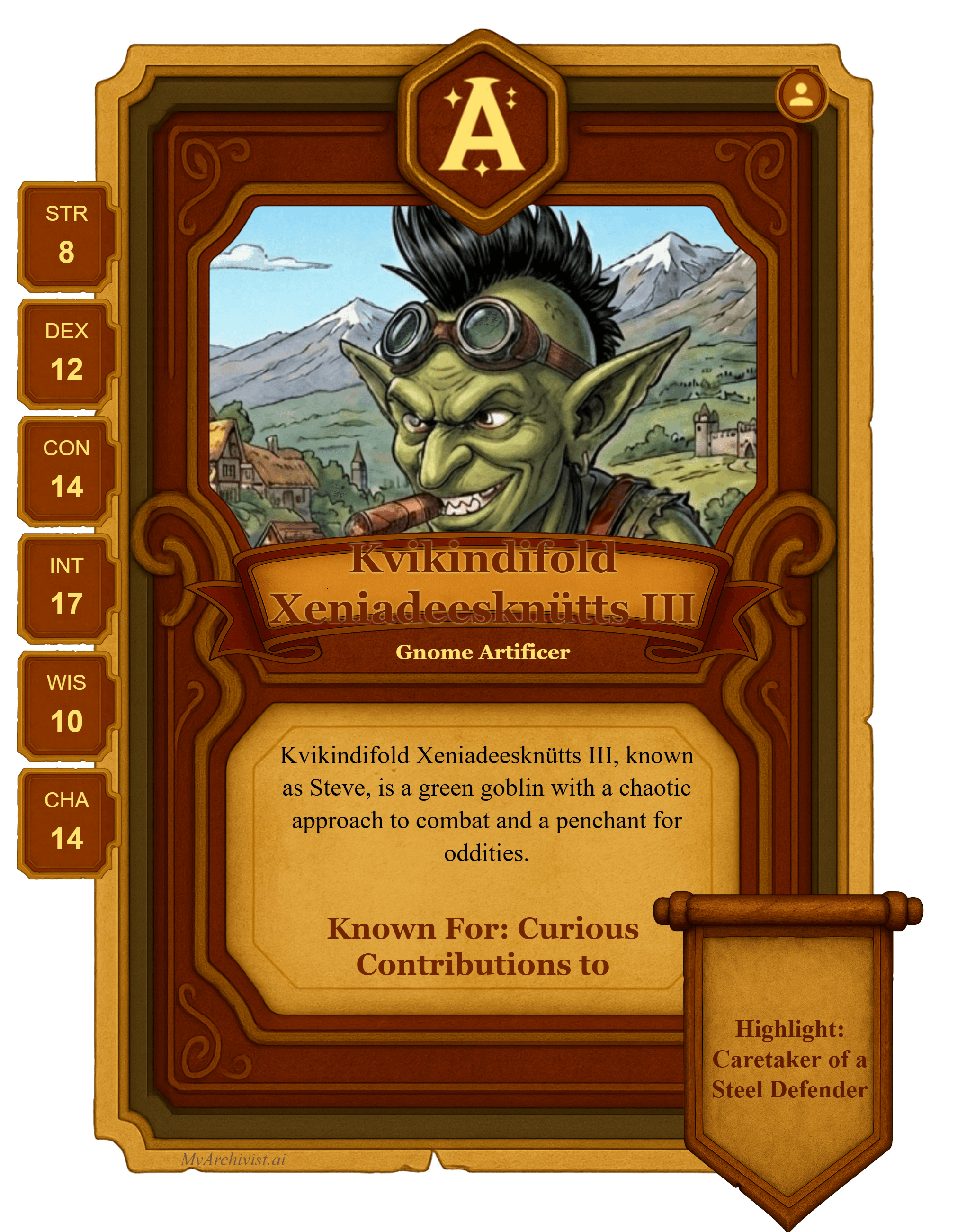 Kvikindifold Xeniadeesknütts III trading card - Character from Abomination Vaults - Roll for Tangents (Saturday)