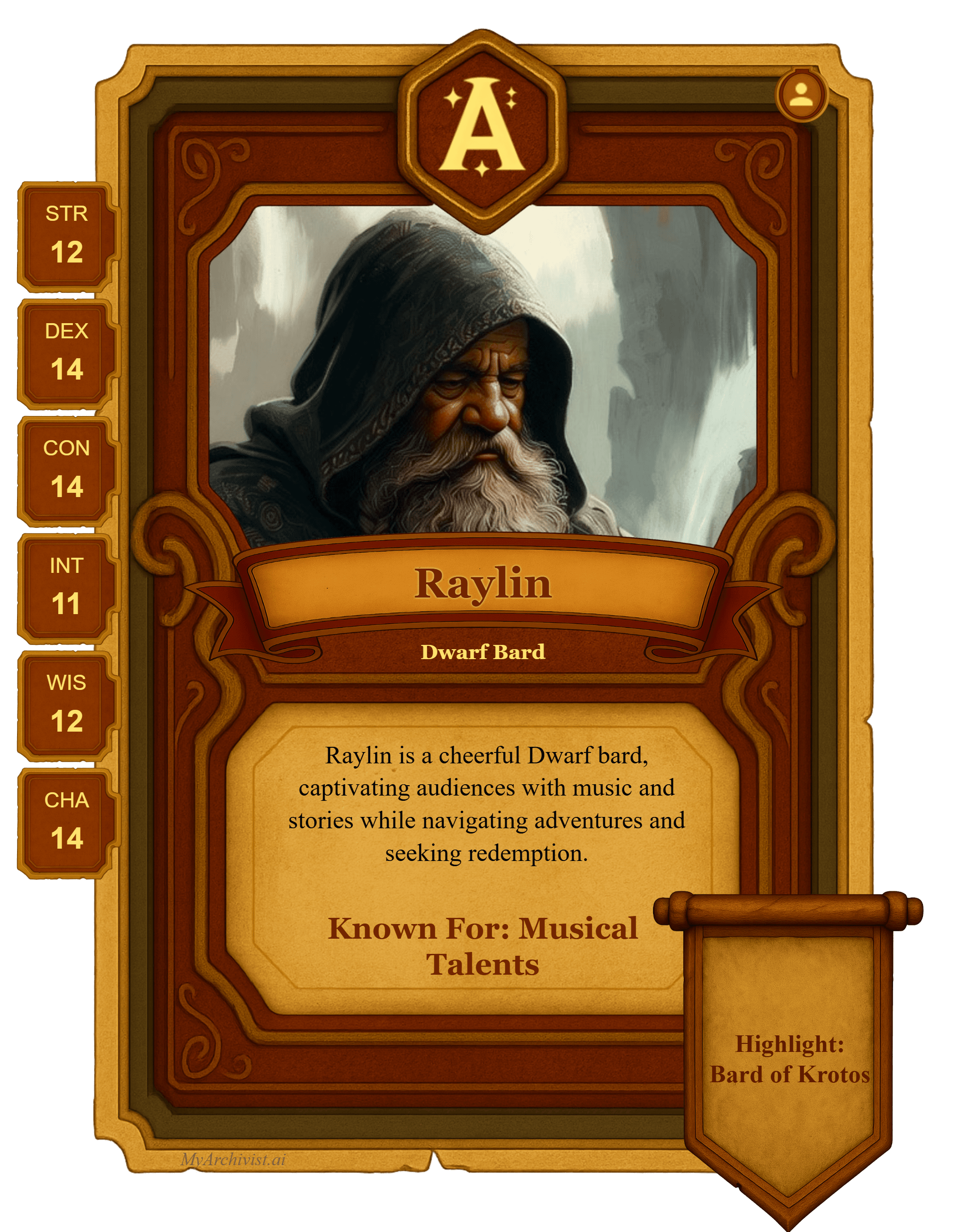 Raylin trading card - Character from Abomination Vaults - Roll for Tangents (Saturday)