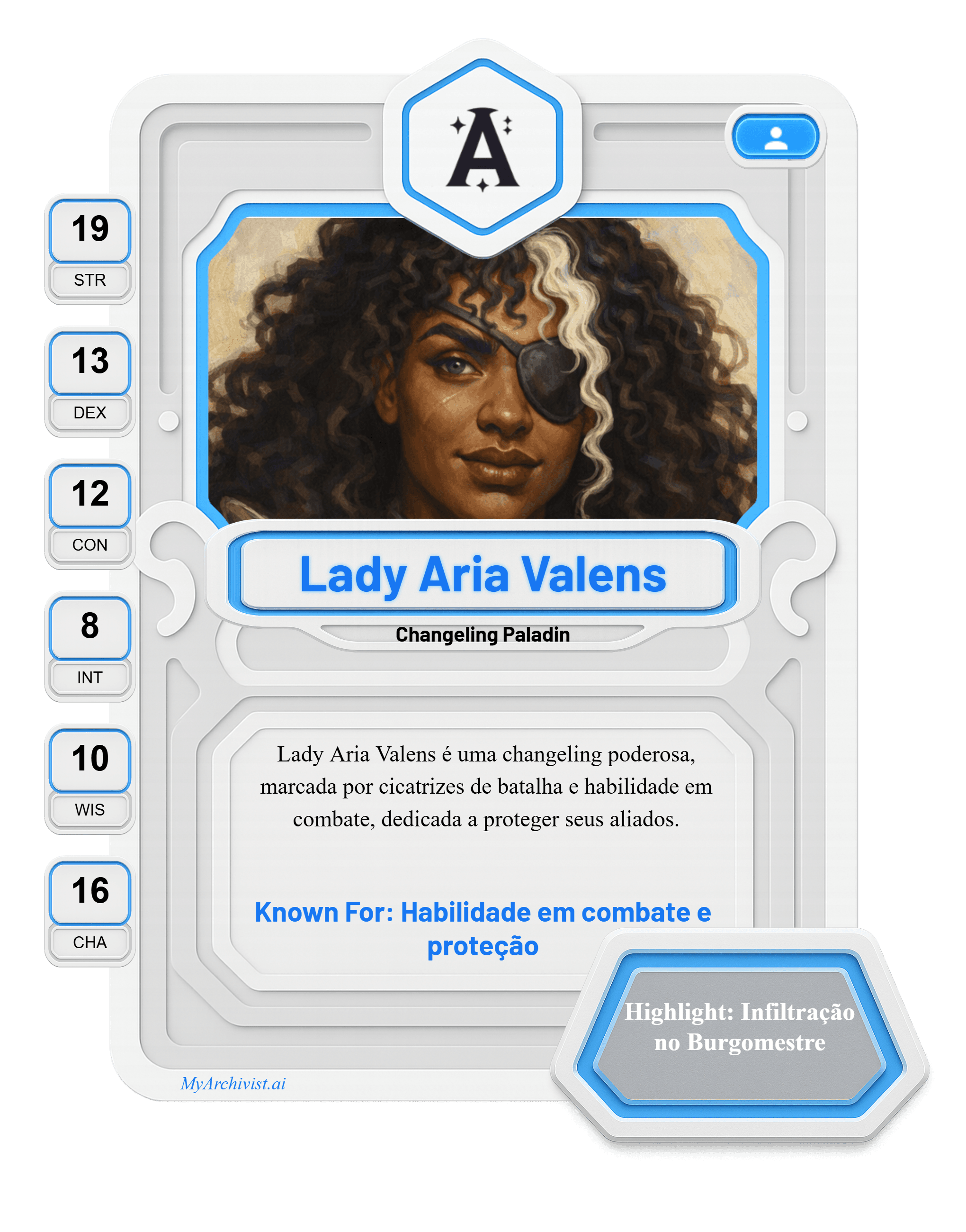 Lady Aria Valens trading card - Character from Strahd: A história não contada