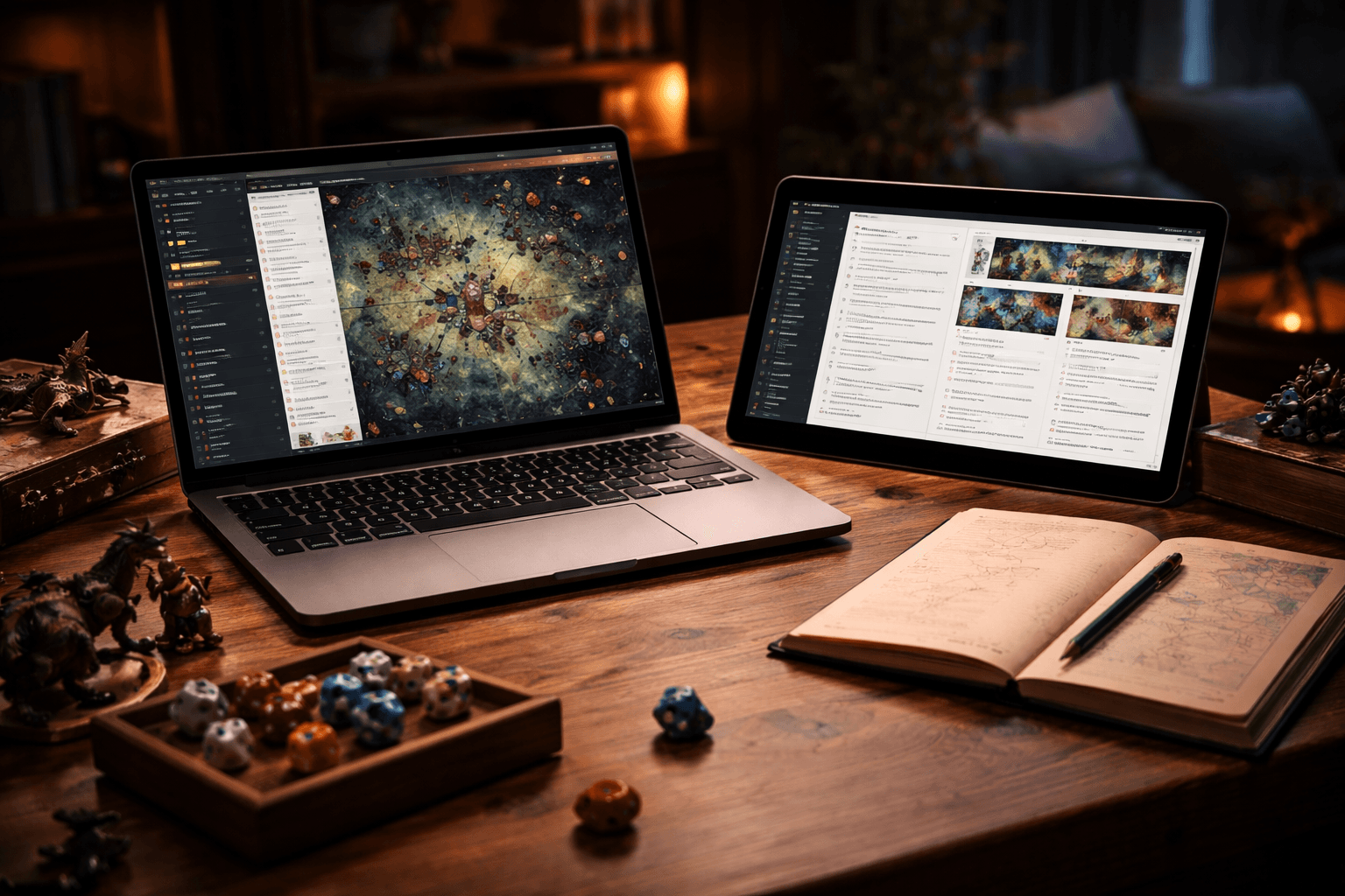 A fantasy tabletop scene with digital DM tools, maps, and notes laid out for a Dungeon Master.