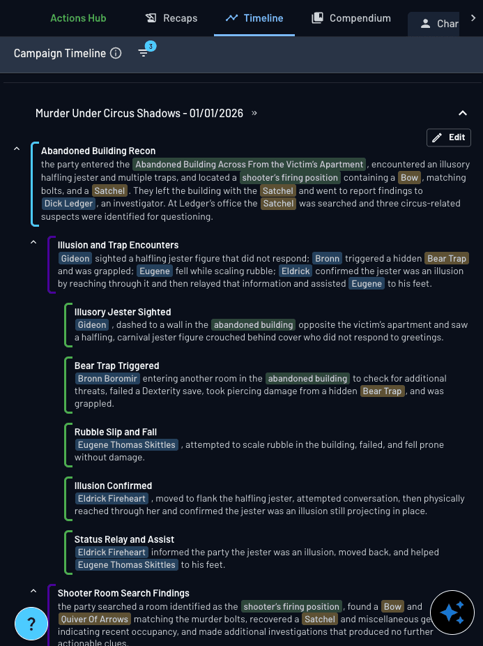 Entity Page Timelines Character Arc, Action Hub, and Entity Updates | Archivist